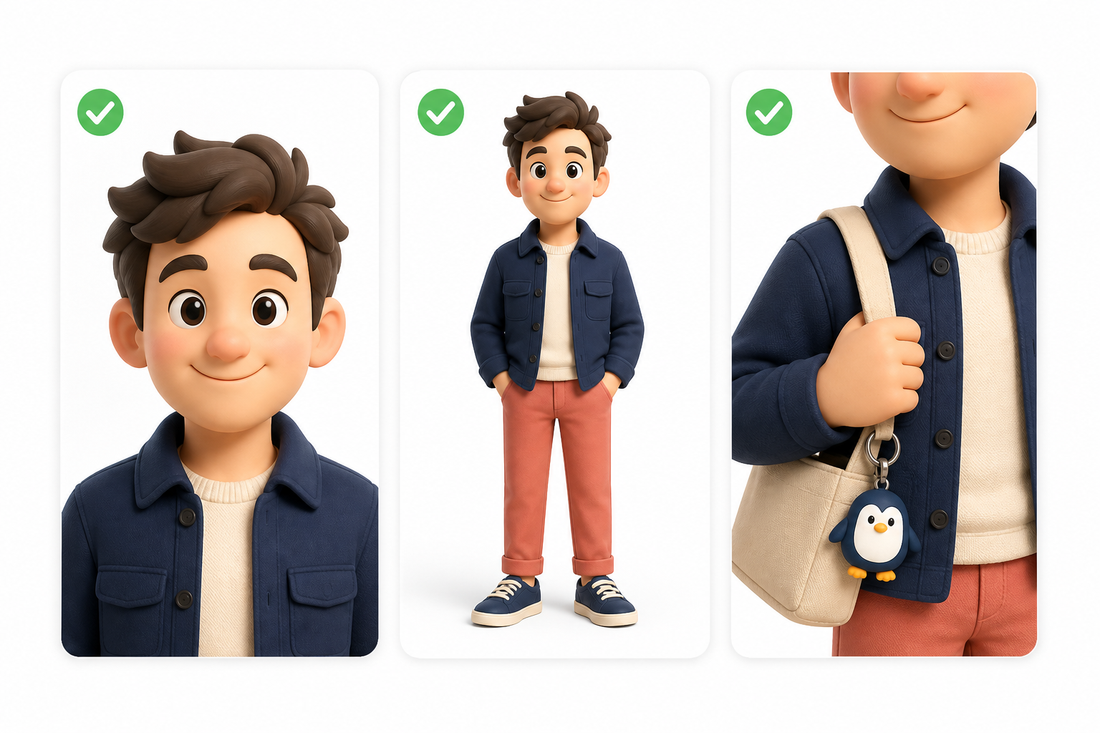 Illustrated checklist showing clear face, full-body, and outfit detail reference photos