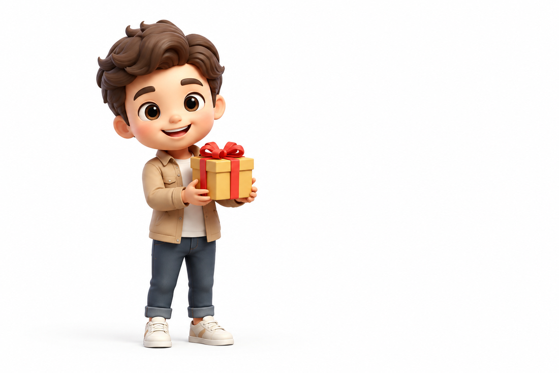 Custom birthday figurine gift holding a wrapped present on a white background