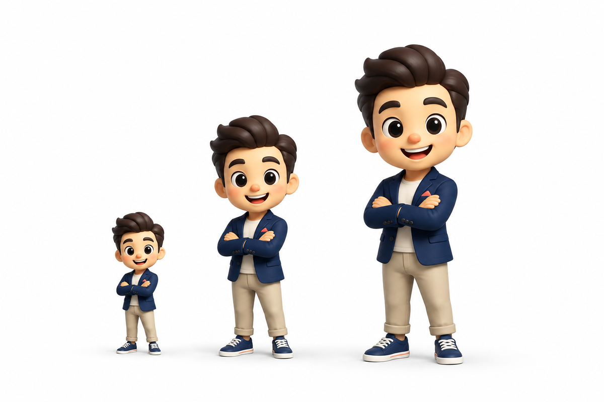 Generic 3D cartoon chibi figurine comparison showing three relative size tiers
