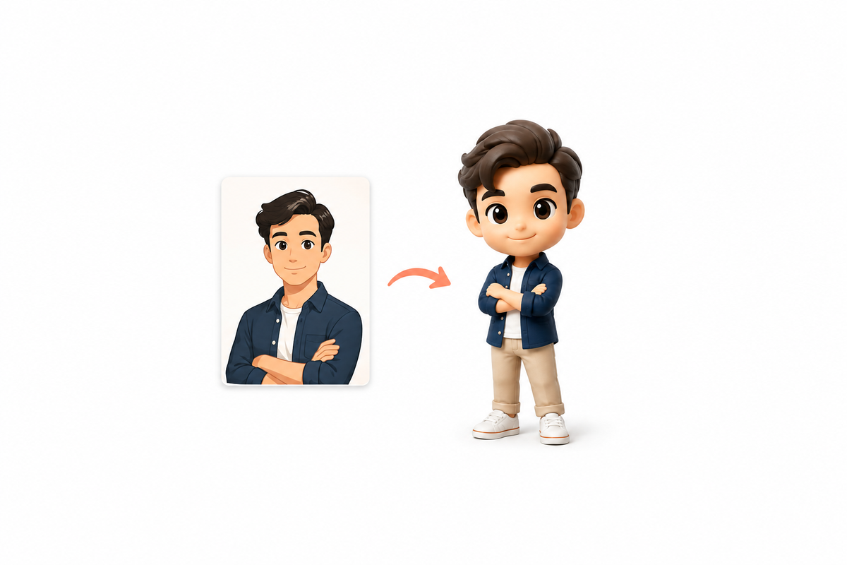 Generic reference-to-preview illustration with a full-body 3D cartoon chibi figurine centered for mobile viewing