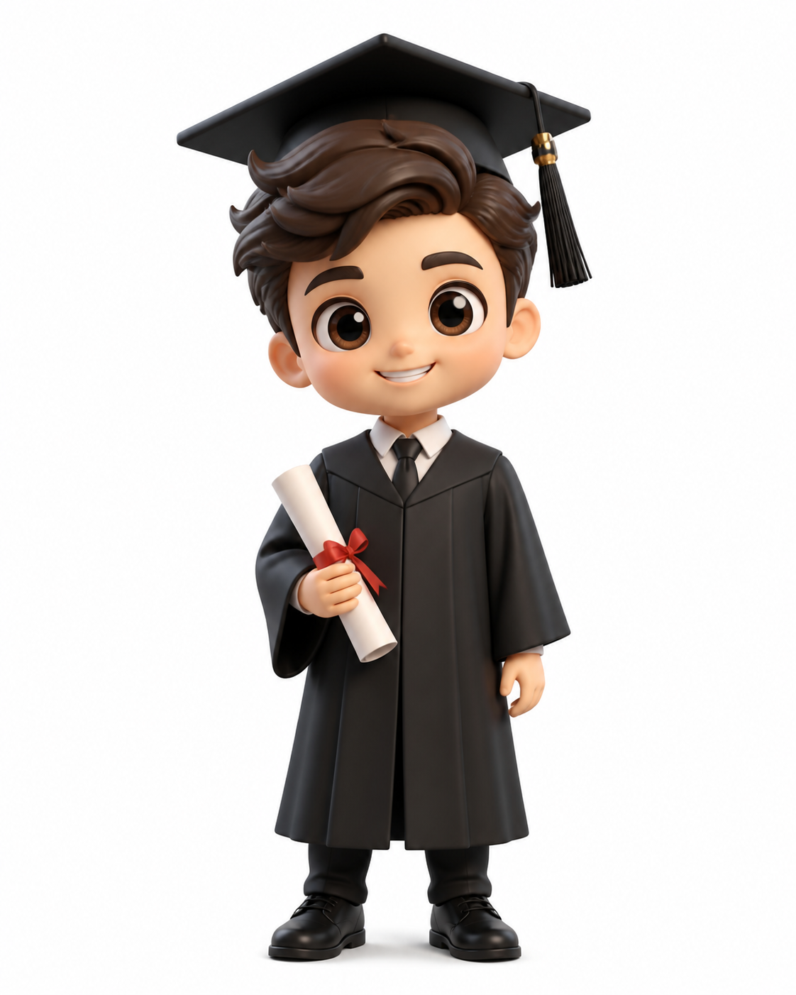 3D cartoon chibi graduation figurine holding a diploma on a white background