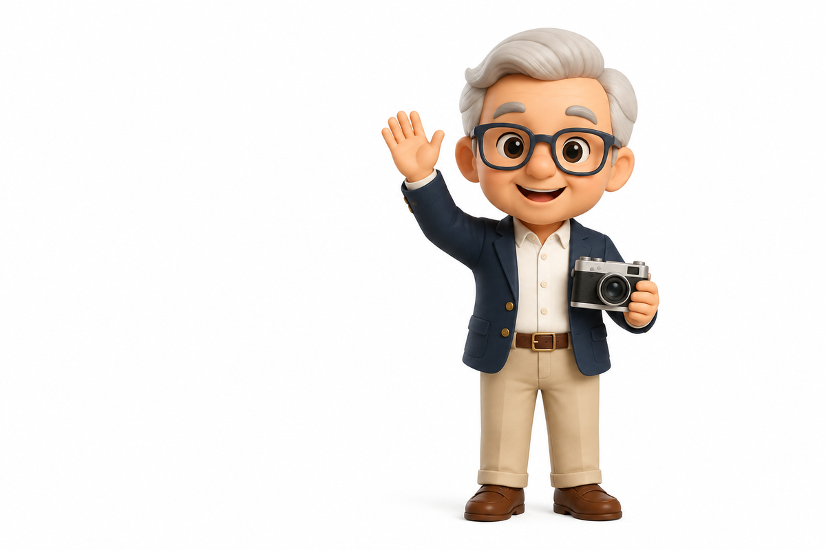 Generic personalized retirement gift concept with a 3D cartoon chibi figurine waving and holding a travel camera